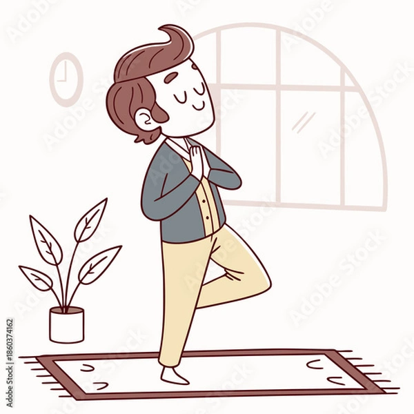 Obraz Man Practicing Yoga Tree Pose Indoors