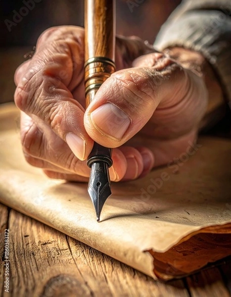 Obraz Close up of an elderly hand writing with a vintage fountain pen on aged parchment paper with a wooden table background