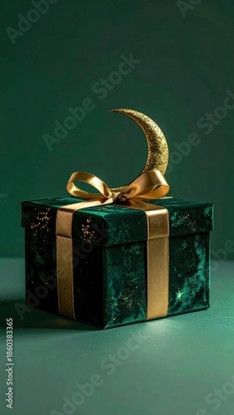 Obraz Elegant Emerald Green Gift Box With Gold Ribbon And Crescent Moon Accent On A Dark Moody Background With Subtle Sparkle