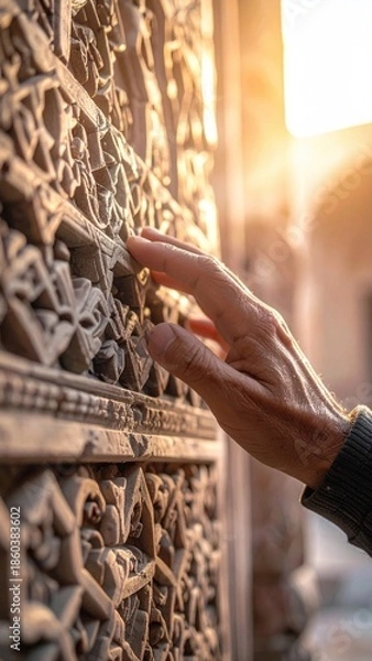 Obraz Close Up Of A Hand Touching Intricately Carved Stone Wall With Warm Sunlight Streaming In