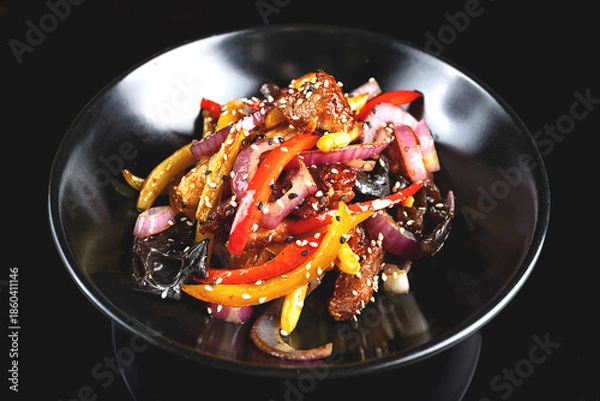 Obraz Spiced veal with vegetables dark