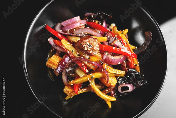 Obraz Spiced veal with vegetables dark