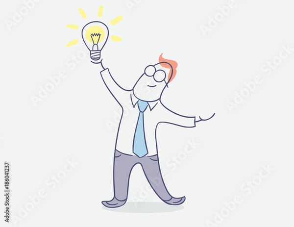 Fototapeta flat line character vector design - happy businessman with bright idea