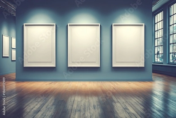 Obraz Empty frames in art gallery. Polished floor reflects light