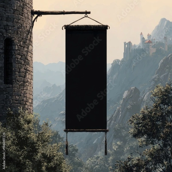 Obraz Blank scroll hangs from castle tower against mountains