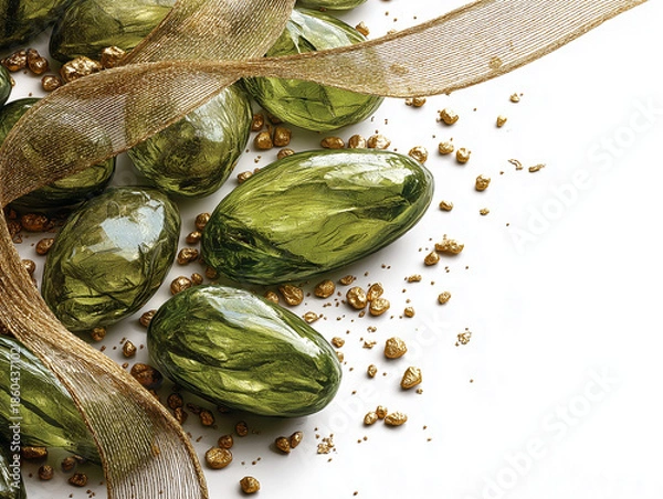 Fototapeta Sparkling Jewels and Delicate Ribbon: A collection of lustrous green jewels and elegant gold ribbon grace a pristine surface, creating a captivating visual display of opulence and refined beauty.