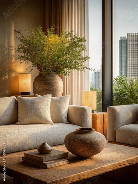 Fototapeta Serene Living: A well-appointed living room bathed in natural light, showcasing a blend of comfort and modern design with city view.