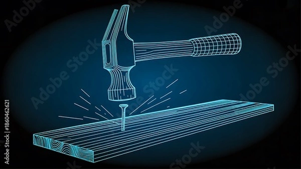 Obraz Glowing hammer hitting nail construction icon on dark background