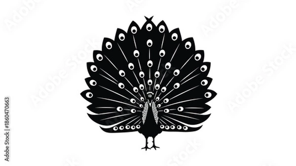 Obraz Peacock with open tail feathers bird silhouette vector