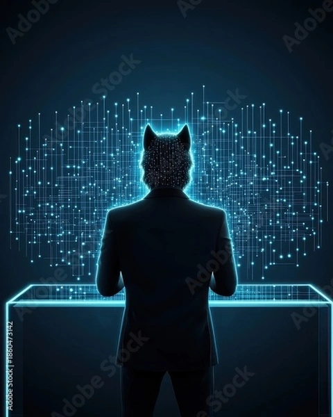 Obraz Corporate Figure with Wolf Head Overlooking Digital Data Interface in Futuristic Environment