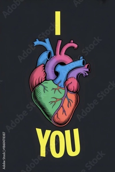 Obraz A colorful illustration of a human heart with the words I YOU
