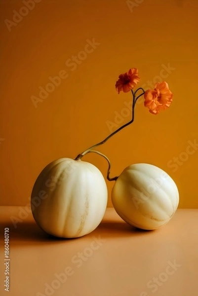 Obraz Two white pumpkins with orange flowers on a warm background