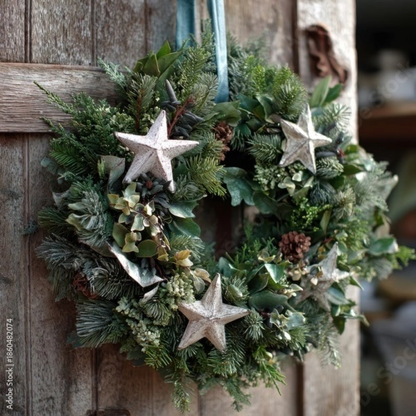 Obraz Rustic Christmas wreath with stars and pinecones hanging on a wooden door