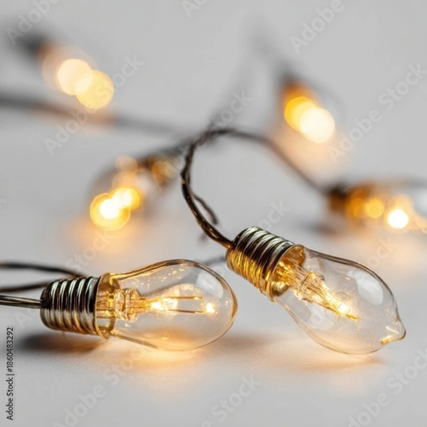Obraz Close up of glowing Edison bulb string lights on a neutral background