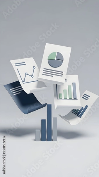 Fototapeta Business documents and charts floating.