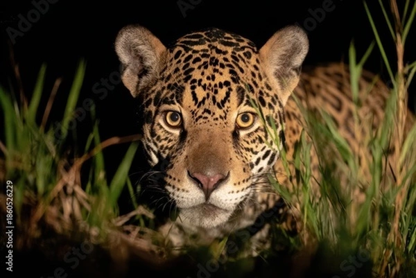 Fototapeta ジャガーが草の中で獲物を待つ