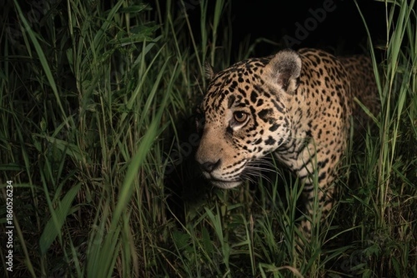 Fototapeta ジャガーが草むらを歩く様子