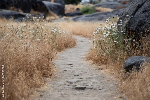 Fototapeta 道に沿って白い花が咲いている風景