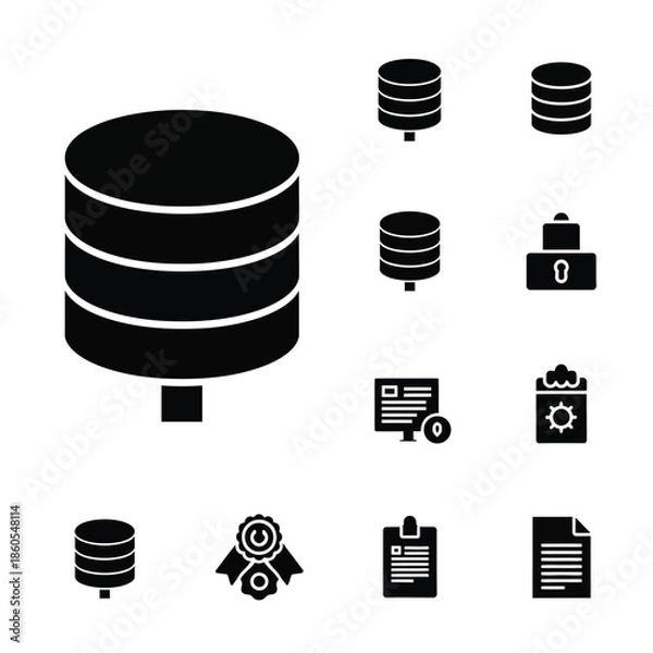 Obraz Database storage and secure data management icons set in solid black style