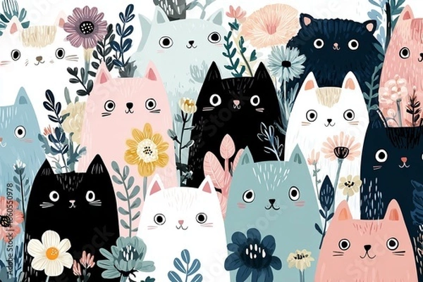 Obraz Cute cats and flowers seamless pattern