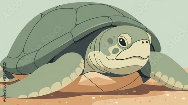 Obraz Sea Turtle Resting on Sandy Beach Flat Vector Illustration