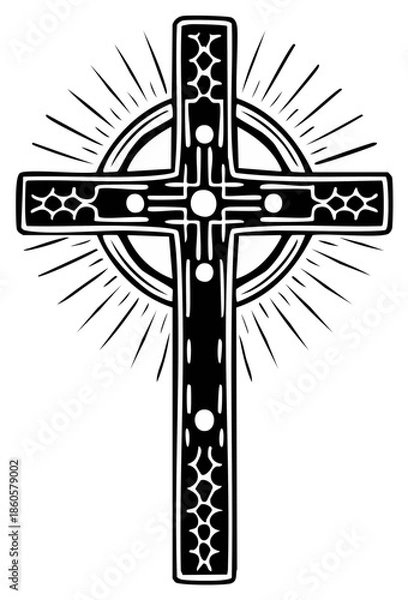 Fototapeta Black and White Celtic Cross Illustration with Sunburst Effect