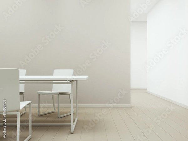 Fototapeta White table and chairs on wooden floor with empty beige concrete wall background, Meeting or dining area in bright room of modern house - Home interior 3d illustration
