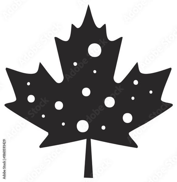 Fototapeta Stylized Maple Leaf Silhouette with Scattered White Circle Pattern on Black, Leaf Design