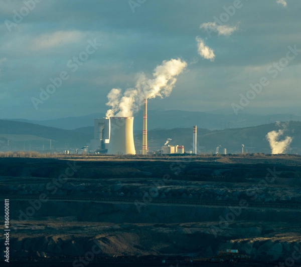 Obraz Aerial view of coal plant. Smoking chimneys from factory. Chimneys of big factory polluting environment