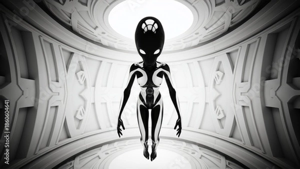 Obraz Futuristic alien floating in spaceship corridor 3D render