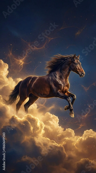 Obraz Dark horse galloping through night clouds