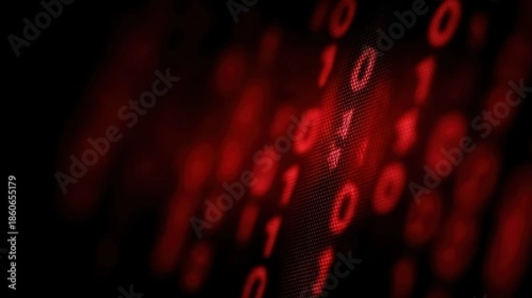 Obraz Cyber attack warning with binary code glitch, red dark background, digital security threat visualization, intense and striking design