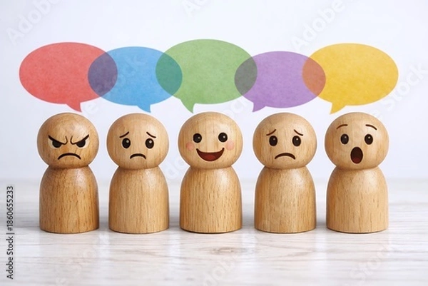 Obraz 感情表現の異なる木製フィギュアが並び多様な意見や気持ちの違いを伝えるコミュニケーションイメージ