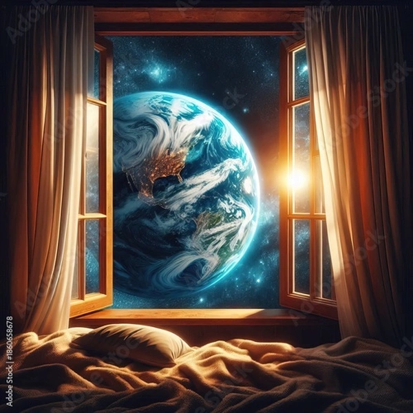 Fototapeta open window and planet earth