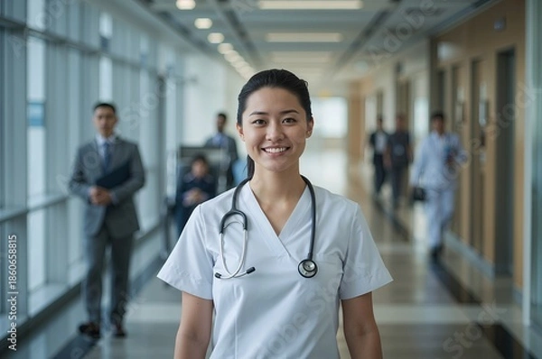 Fototapeta Smiling nurse walking down hospital corridor