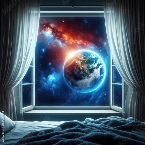 Fototapeta open window and planet earth