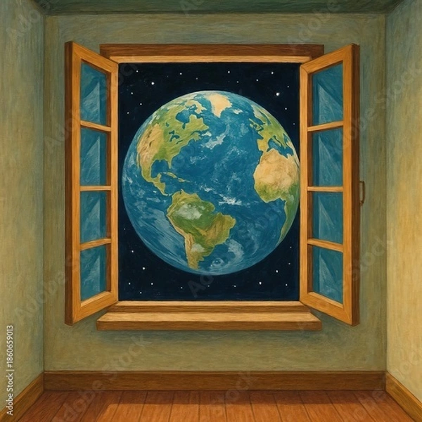 Fototapeta open window and planet earth
