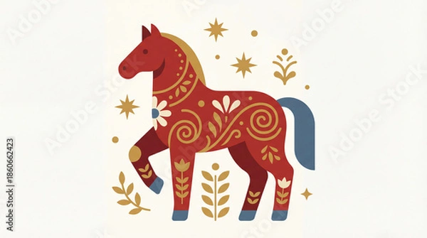 Obraz Stylized red horse with golden patterns