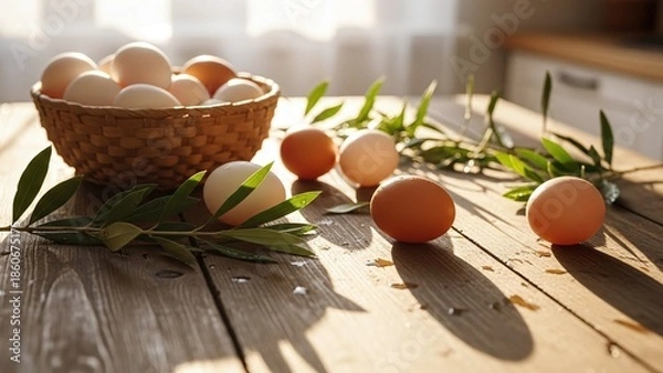 Obraz A woven basket with fresh farm eggs and green olive branches on a wooden table in the sunlight – perfect for food blogs, creating a morning atmosphere in the kitchen, with space for text