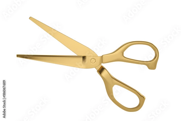 Fototapeta Gold scissors on white background.3D illustration.
