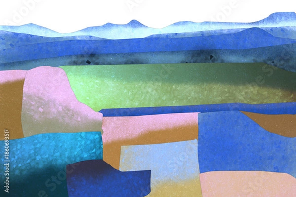 Obraz Ilustracja grafika krajobraz pola na tle pas górskich. Hand made drawing.