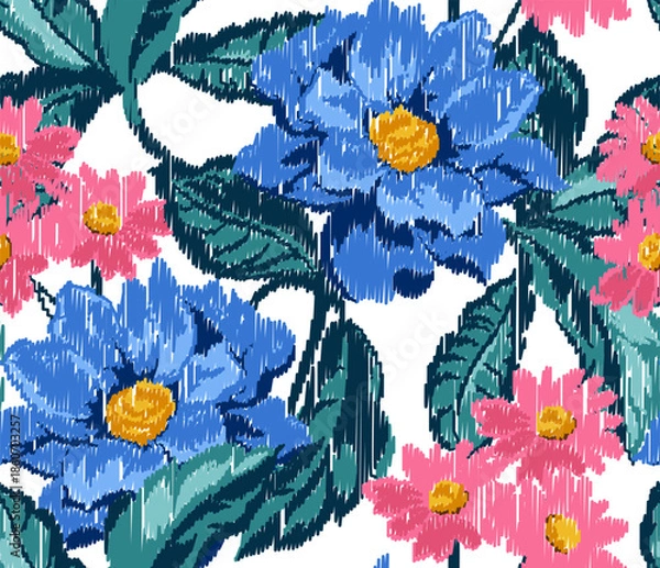 Obraz seamless scribble flowers pattern. Hand draw abstract ikat pattern.