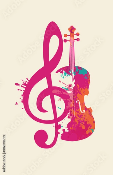 Obraz Vector logo, or banner for a classical music with violin and treble clef. Suitable for flyer, invitation, poster, cover, icon, design element, advertising, music festival. No ai