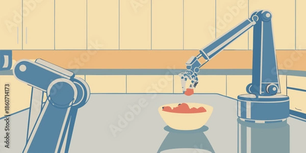 Obraz Robotic Arm Prepares Fruit Parfait in High-Tech Kitchen