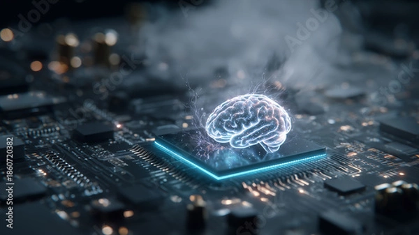 Obraz A glowing digital brain emerging from a microchip within an electronic circuit, representing artificial intelligence computing power and advanced neural processing.
