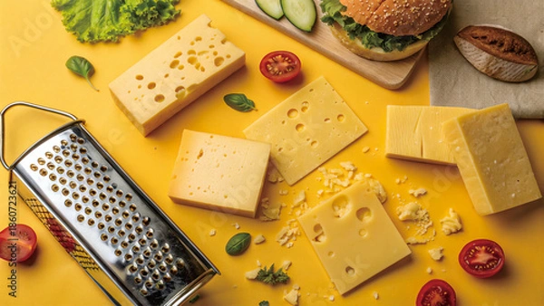 Obraz Assorted Cheese and Fresh Ingredients Flat Lay
