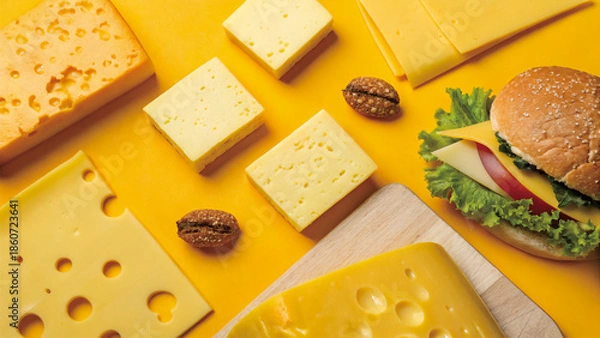 Obraz Assorted Cheeses and Burger Flat Lay