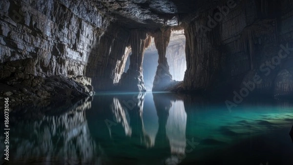 Fototapeta Mysterious Cave Reflection - Tranquil Waters and Dramatic Light.