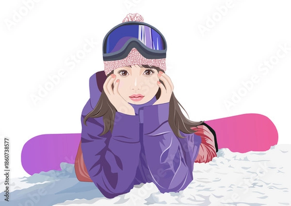 Fototapeta 腹ばいのスノーボード女性イラスト