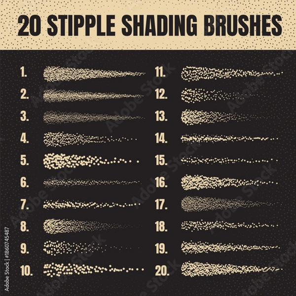 Obraz Ink scatter brush, stipple drawing and texturing. Fading gradient. Stippling, dotwork drawing, shading using dots. Halftone disintegration effect. White noise grainy texture. Vector illustration